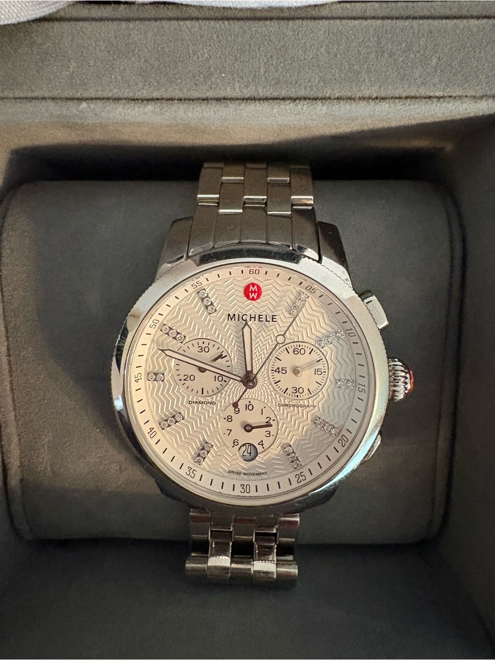 Michele Silver Stainless Steel Chronograph Watch with Diamonds. JYI03836